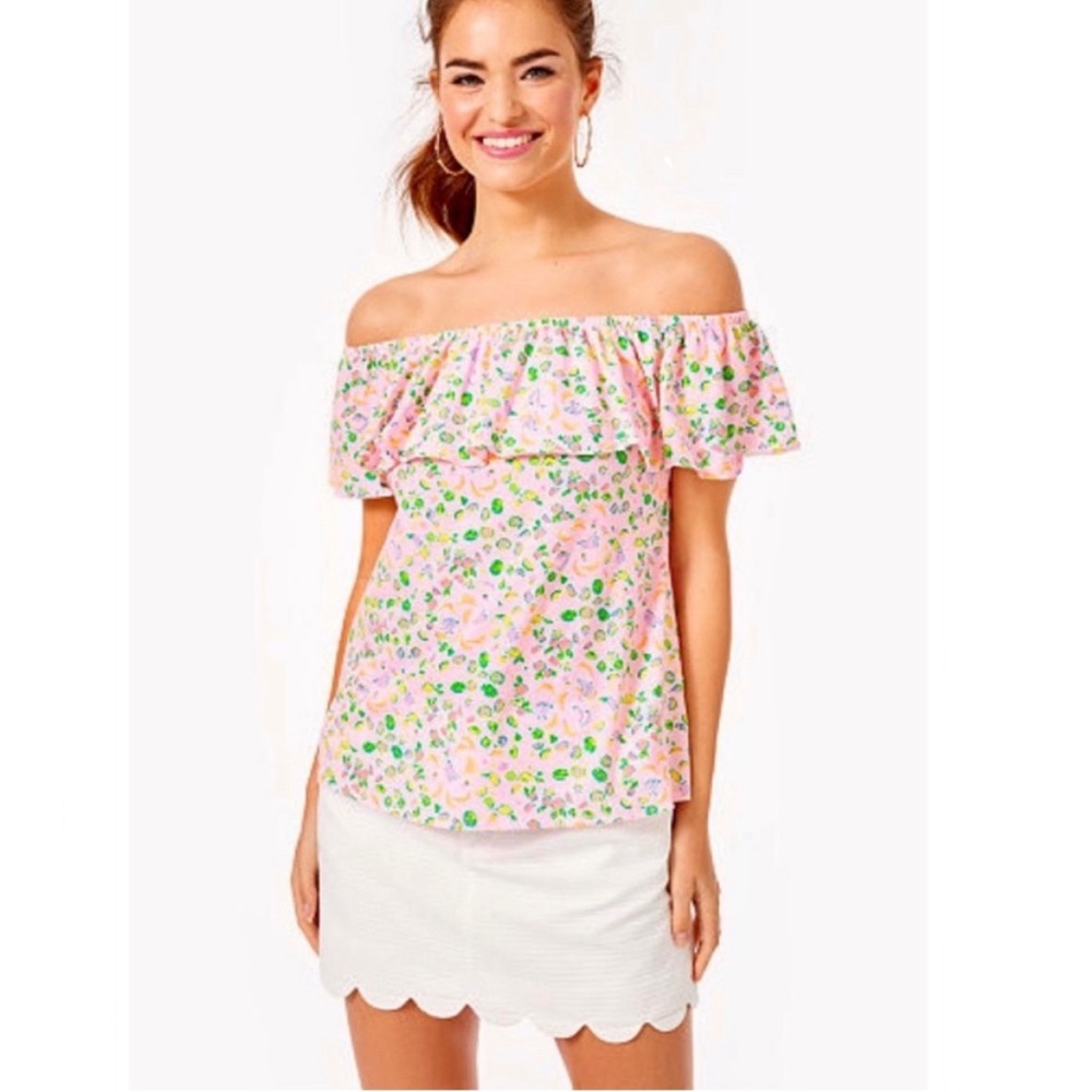 Lilly Pulitzer La Fortuna Off The Shoulder Ruffle Top Urchin Pink Juicy Fruit MD
